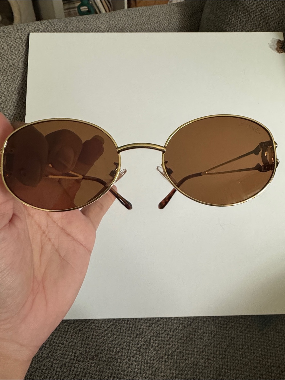 CHANEL Gold Frame Brown Lens Oval Sunglasses with Brown Temples and Logo Case - Picture 7 of 8